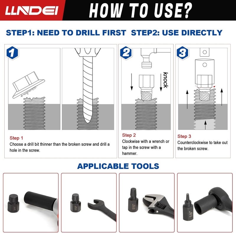 LLNDEI Screw Extractor Set Hex Head Multi-Spline Easy Out Bolt Extractor Set, EZ Out Rounded Screw Remover, 1/8 Inch to 7/8 Inch in 1/32-Inch Increments, CR-MO, 25 Pieces, Stripped Fastener Tool - Image 3